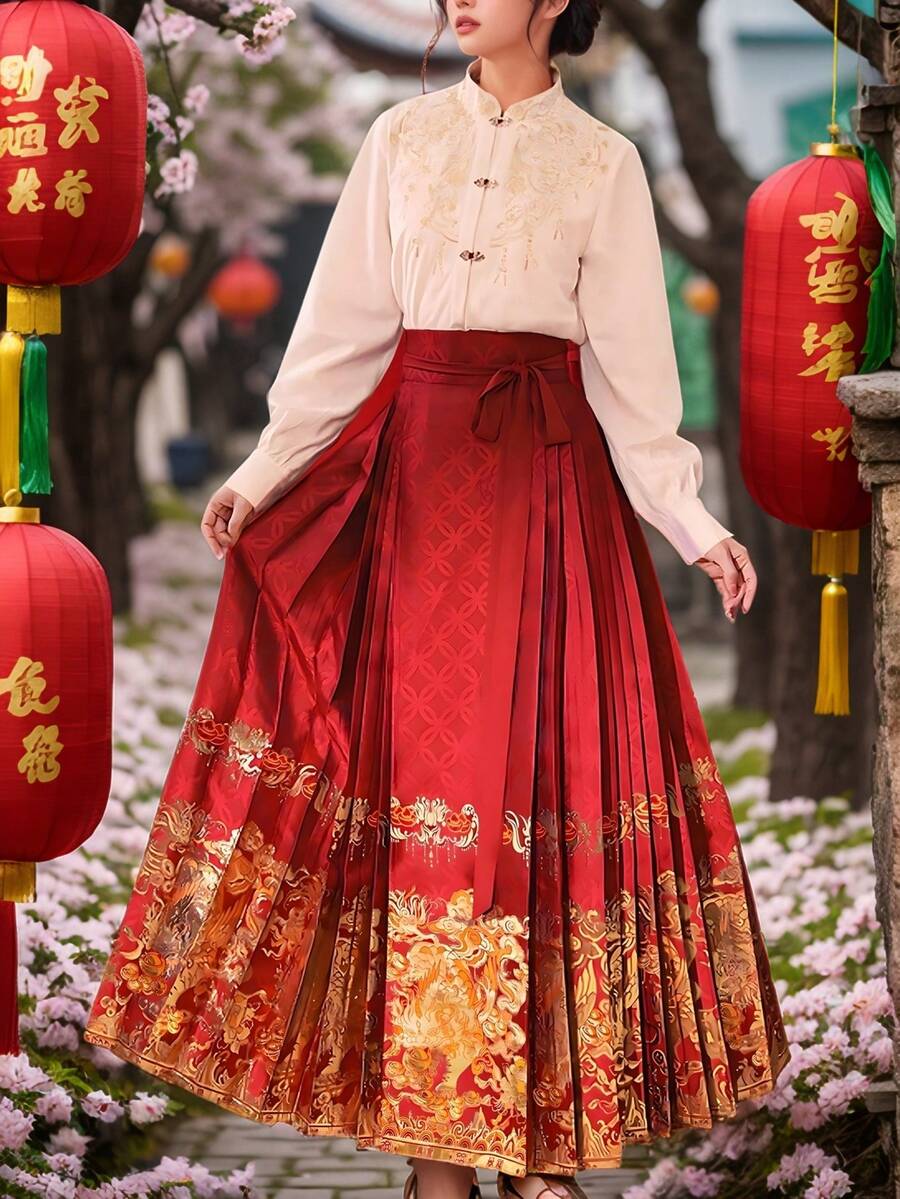 Elegant Red Hanfu Bottoms With Golden Embroidery Folk Style Long Polyester Skirt For Women
