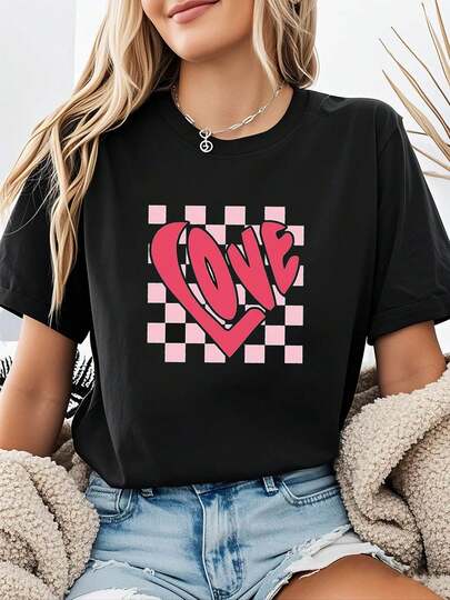 Plus Size Women's Plus Size Love Heart & 'Love' Print T-Shirt - Short Sleeve Crew Neck Casual Blouse, Spring Summer Top Gift For Girlfriend, Sweetheart, Date Nights & - Sweet Romantic OutfitsPlus Size Women's P.Jpg