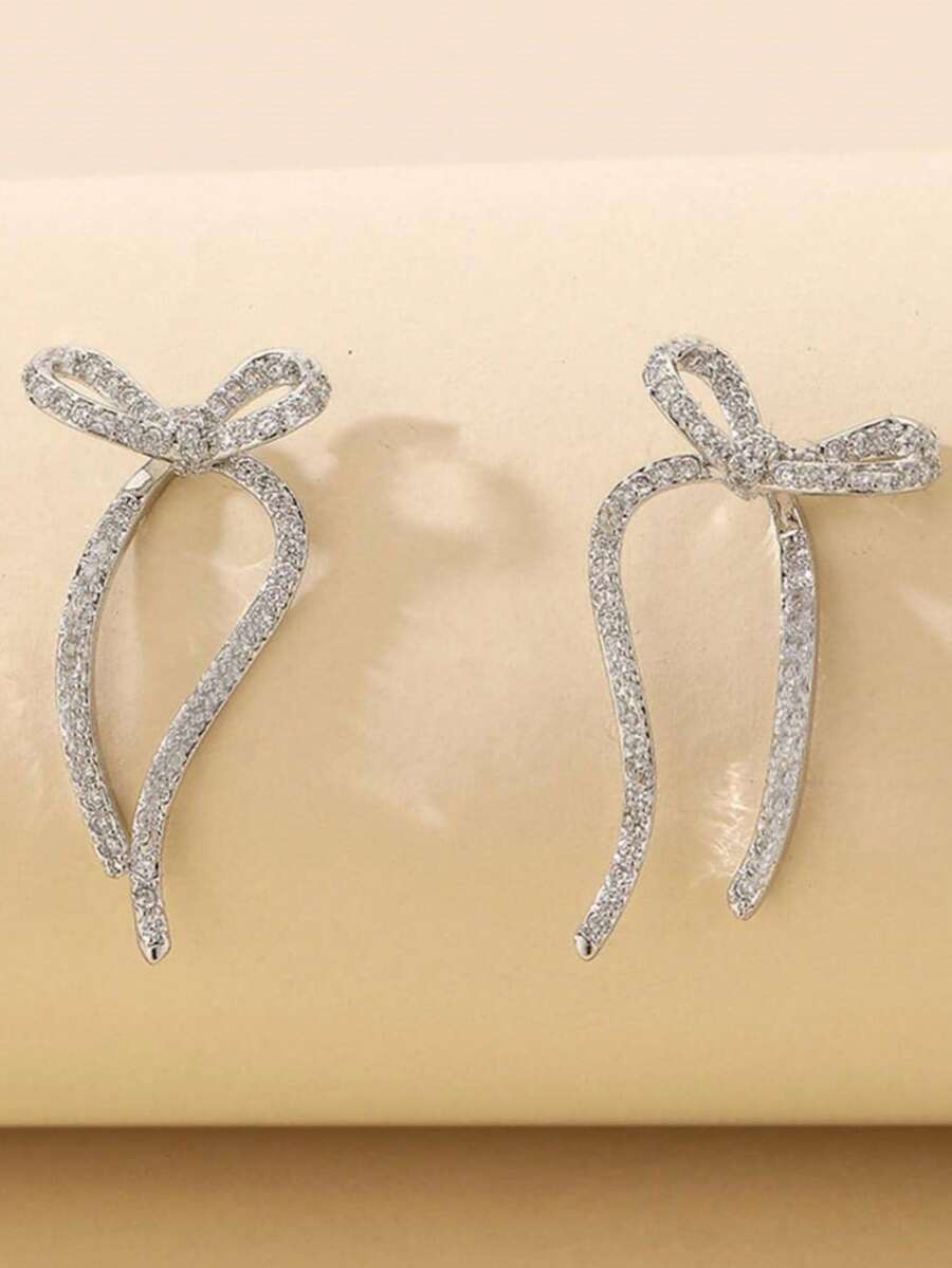 Rhinestone Bow Decor Stud Earrings - Silver - View 1