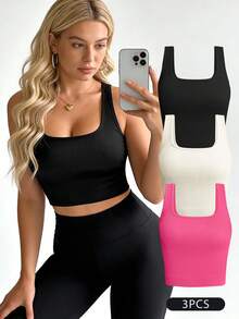 3-PCS Womens Crop Tank Tops Basic Solid Color Seamless Ribbed Sleeveless Square Neck Workout Top Summer Exercise Yoga Gym Shirts Running And Workout - Đen/Trắng nhạt/Hồng nhạt - Xem 1