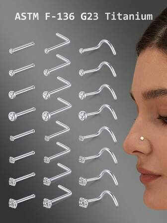 CIZME 20G Titanium Alloy Nose Rings Nose Studs,G23 L Shape Nose Studs Nose Piercing Jewelry For Women Men, 0.8mm Nose Screw Piercing Silver,Nostril Piercing Jewelry 1.5mm 2mm 2.5mm 3mm CZ