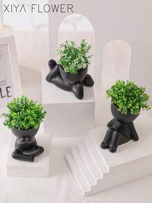 1/3pcs Artificial Succulent Plants, Single Piece Small Human Shaped Succulent Planter, 3 Styles Available, Black Vase, Cartoon Design, PP/PE Material, Green, Desktop Decor, Home Decor, Garden Decor, School, Valentine's Day Gift, Dorm, Office Decor - Black - View 3