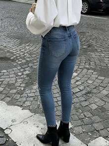 Jean taille haute élégant et moulant, long, stretch moyen, boutonnage, sans manches, adapté à toutes les saisons, décontracté le week-end, vêtements pour femmes - Bleu azur - Voir 9