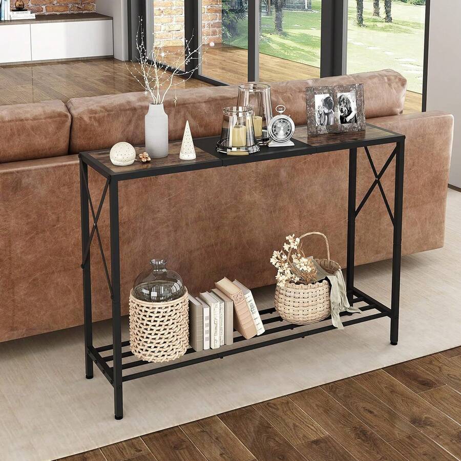 Compact Console Table, Small Sofa Table with Shelf, Entryway Display Stand for Hallways, Bedrooms, Living Rooms, and Farmhouse Decor Credenza, Credenza recibidor de Madera de Capas Gris, Estilo Moderno Mesa de Entrada, Fácil de Montar Mesa recibidor, Las Dimensiones de la Mesa recibidor Entrada Son 106 * 30 * 77(CM) Consola Estrecha de Madera Reciclada 106cm Mesa Pequeña para Entrada, Mesa Delgada para Sofá en Pasillo o Sala Negra - Arce - Ver 1