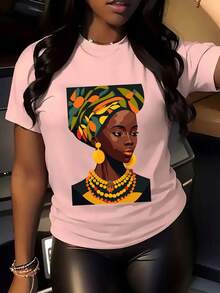 Women'S African Woman Print T-Shirt - Vibrant Afrocentric Design With Traditional Attire Illustration, Casual Short Sleeve Crew Neck Top, Breathable & Comfortable Polyester, Perfect Gift For Her, Cultural Wear |   Vibrant Print Tee |   Comfortable Fi - 白色 - 查看 9