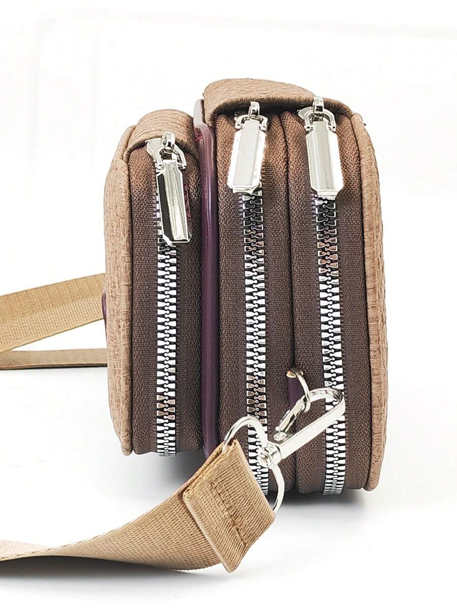 Dompet Ponsel Multifungsi Kapasitas Besar Baru dengan Resleting Ganda, Desain Minimalis Modis, Pola Lembut, Tas Selempang Kasual untuk Liburan dan Kencan, Dompet untuk Wanita - Coklat - View 1