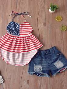 7th Of July Short Set For Girls, American Flag Pattern Tank Top And Denim Shorts, Spring And Summer Independence Day Outdoor Outfit - [Red] - View 8