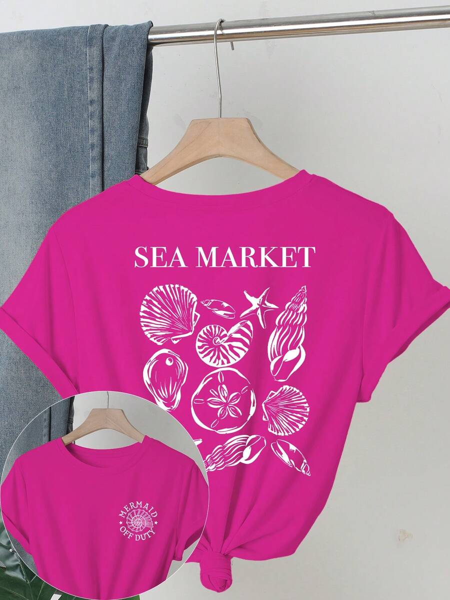 大码女式纯色圆领短袖休闲宽松T恤，带有海底世界元素图案，夏季