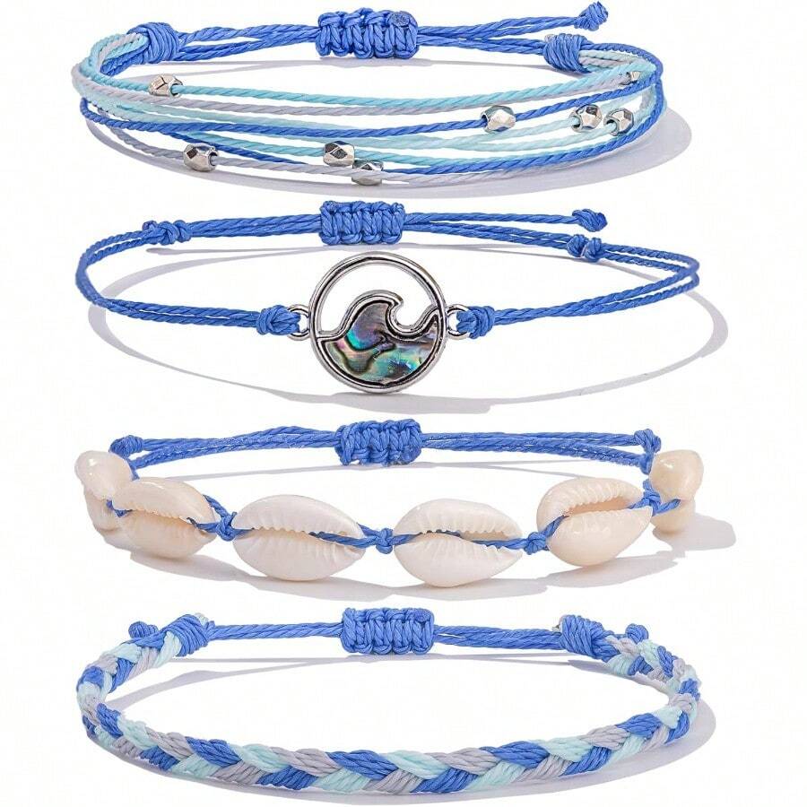 FANCY SHINY Wave String Bracelets Braid Puka Shell Bead Bracelets Handmade Cute Boho Easter Jewelry Gifts For Women - 皇家藍 - 查看 1