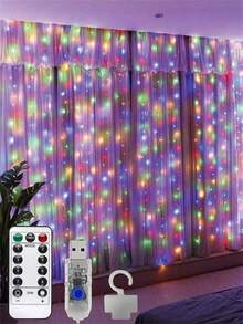 多色/暖白色 LED 銅線串燈，3*3 米，USB 遙控，附掛鉤，適用於房間裝飾、氛圍照明、情人節氣氛裝飾，適用於居家、派對、節日、婚禮、生日、鄉村風、慶典、季節、新年、春節等場合 - 9.8FT窗簾燈 - 查看 2
