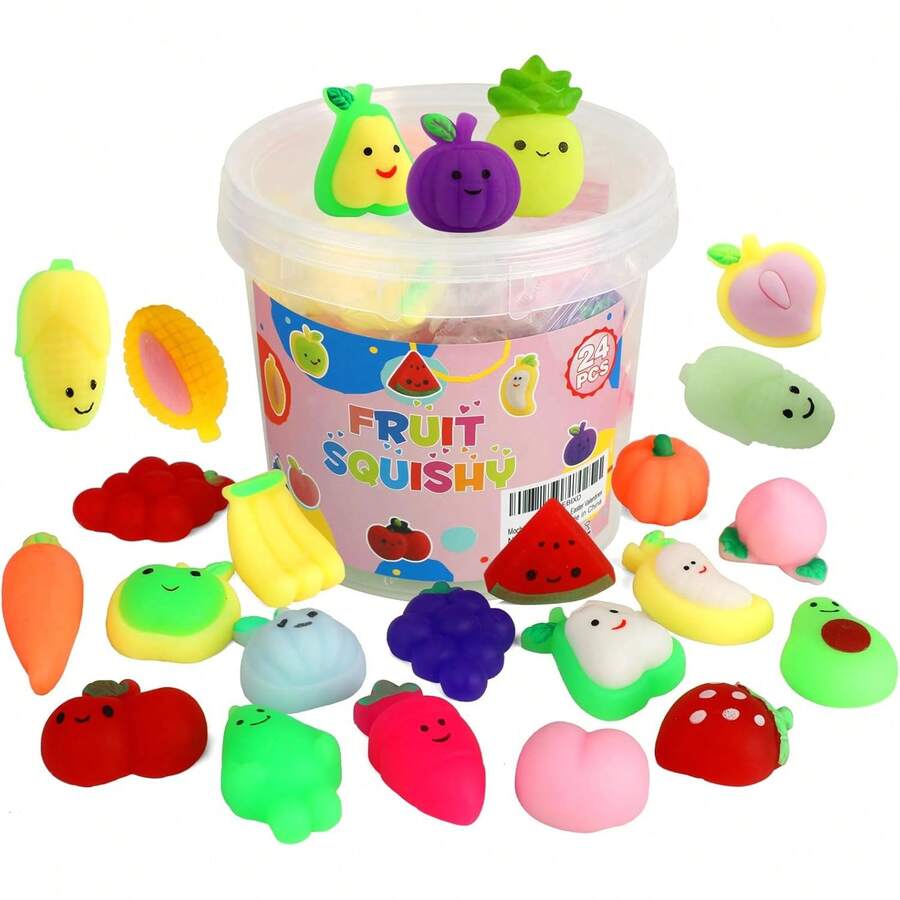 24-Piece Fruit-Themed Mochi Squishy Toy Set – Bulk Party Favors For Kids, Perfect For Classroom Prizes, Birthday Pinata Fillers, Goodie Bags, Christmas Stockings, Easter Baskets, And Valentine's Day Gifts| Stress-Relief Squishies For All Ages(A Random Bucket) - 水果 - 查看 1