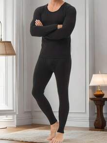 Men's Ultra-Soft Thermal Underwear Set With Long Sleeves And Pants, Featuring A Brushed Interior - màu đen - Xem 2