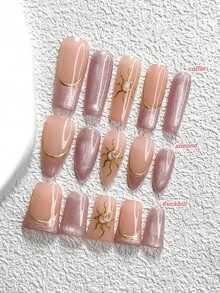 10Pcs Glitter Style Handmade Press On Nail,Polygel Nail Set,French,Sun,Cat's Eye,Dark Purple Nail Polish,Calm And Dignified Style,Includes Nail Tools,3 Sizes Available,Almond,Duck,Coffin Nails For Party,Dance,Daily Wear. - 彩色 - 查看 1