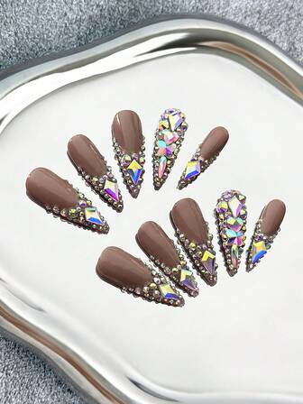เล็บส้นสูงแบบเฟรนช์ แบบกด ติดด้วยมือ พร้อมปลายหลากสี & พลอยเทียมแบบเต็มแผ่น, โดดเด่นด้วยประกายกลิตเตอร์ไล่สีแบบตาแมว, ลายเรขาคณิต 3D Y2K - เล็บปลอม DIY Glam แบบเต็มแผ่นสำหรับงานปาร์ตี้, คอนเสิร์ต และงานแฟชั่น - 10 ชิ้น/ถุง