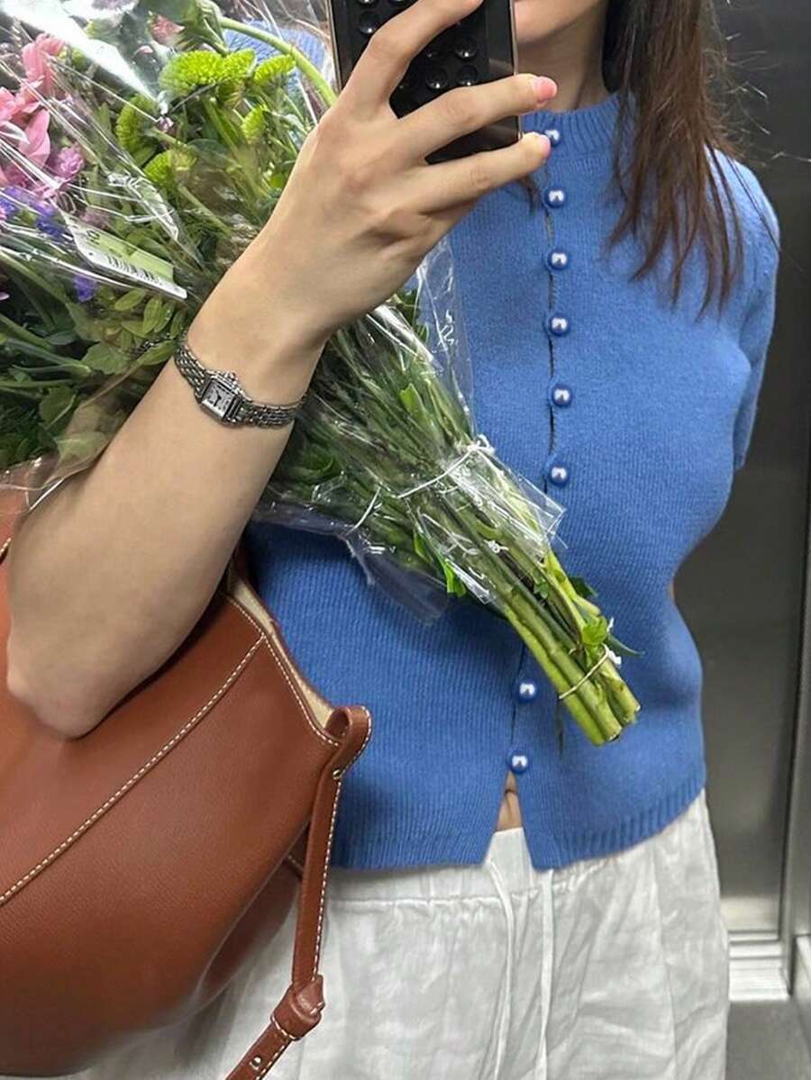 Ropa casual urbana para mujer, colección elegante de primavera/verano, blusa de punto de cuello redondo de manga corta acanalada para calle, vacaciones, citas románticas, fiestas, moda cómoda y versátil minimalista para ir y venir, blusa de punto con botones de perla, cárdigan