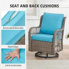 Juego de 3 sillas mecedoras giratorias para exteriores, con mesa de cristal y cojines gruesos para patio, balcón y terraza. - Azul - Ver 4