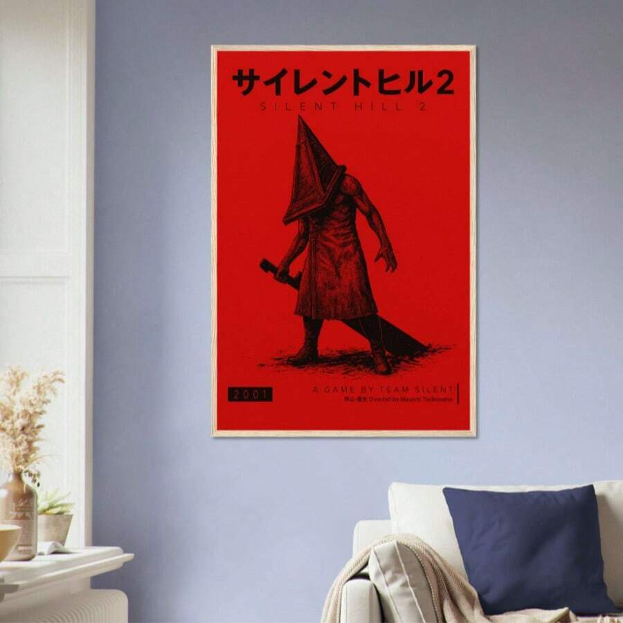 寂静岭2复古帆布艺术画 - 无框电子游戏海报，红色背景搭配标志性角色设计，完美适用于客厅、卧室或家庭办公室装饰，卧室墙面装饰 | 无框帆布画 | 纹理墙面艺术，游戏室装饰 - 彩色 - 查看 1