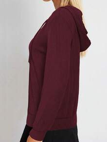 Plus Size Women's Solid Color Ribbed Zipper Drawstring Casual Sweatshirt, Loose Knit Long Sleeve Sweatshirt Top, European And American Autumn/Winter New Arrival - Burgundy - View 3