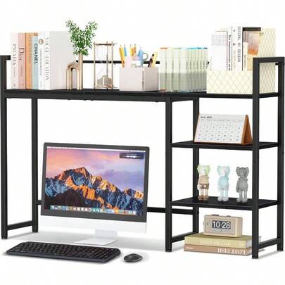 Desk Shelf, 44.9 Inch Large Desktop Organizer Shelf, Desk Hutch Monitor, 4 Tier Display Rack, Wooden Desktop Bookshelf Storage Rack Home Office Dorm