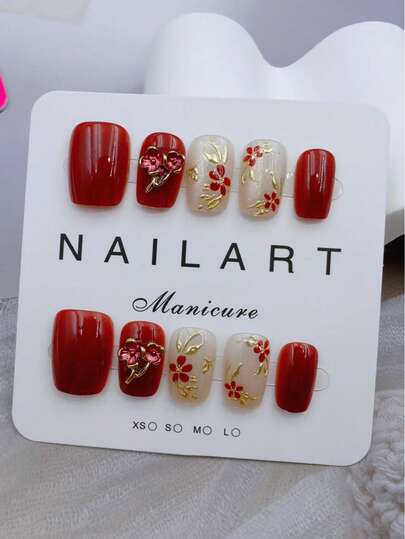 10pcs Handmade Nail Stickers, Red Short Trapezoidal Shape, Fragrance Style, French Manicure, Press-On Nails, Suitable For New Year, Valentine's Day, UV Lamp Manicure, Summer, Daily Wear, Elegant Design, High-End French Style, Gel Polish, Glitter, Cat Eye Effect, Metallic Shine, Full Coverage Fake Nail Stickers Nail Supplies