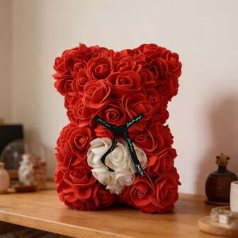 1 buc. Ursuleț de pluș realist cu trandafir conservat, cadou romantic pentru Ziua Îndrăgostiților, cupluri, nunți, decor pentru casă pentru a spori fericirea
