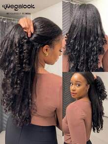 MEGALOOK All In 1 3D Lace Half Wig Yaki Finger Curly Glueless Wigs 100% Human Hair With Drawstring Breathable Dome Cap Various Styles Glueless Wig Pre-Cut Lace Pre-Bleached Knots & Pre-Plucked Hairline No Glue Needed Wig