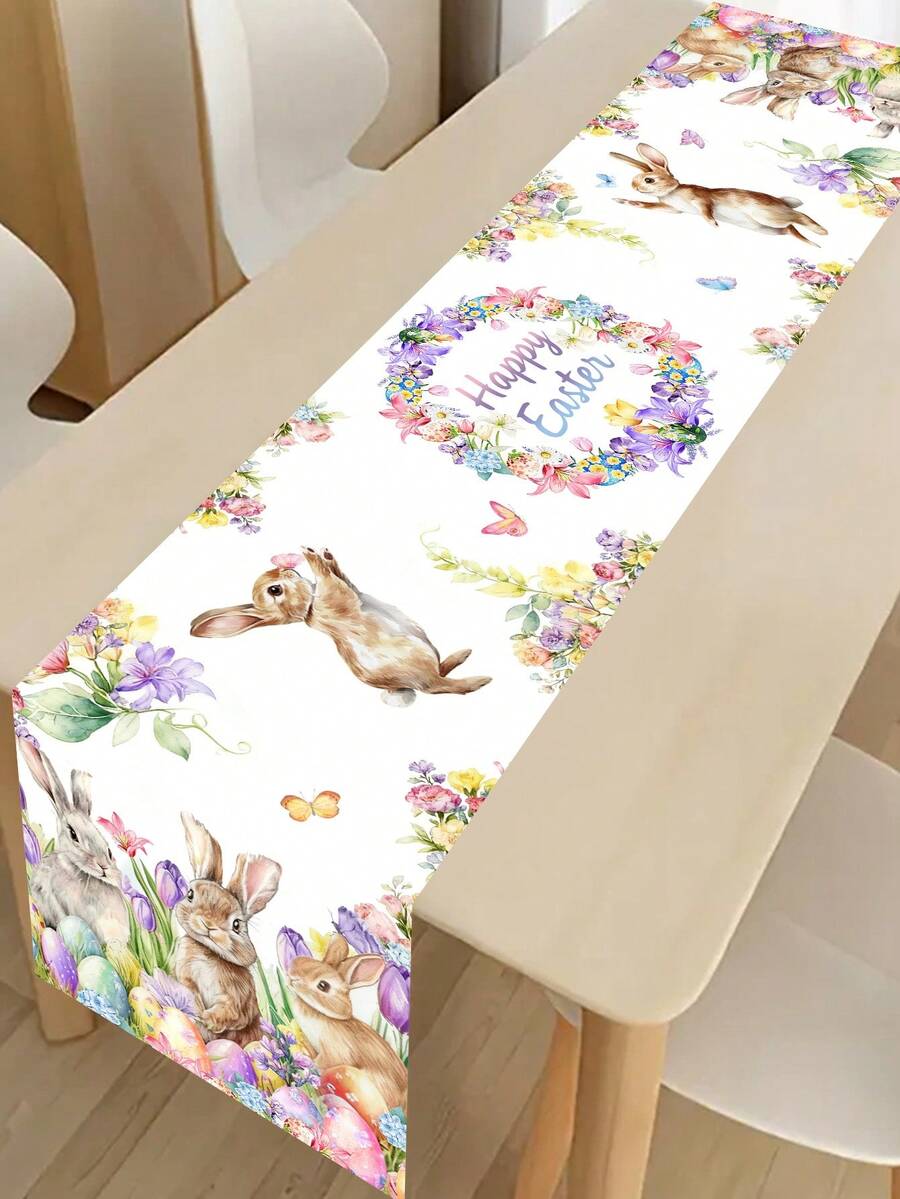 1pc Colorful Rabbit Easter Table Runner, Featuring Rabbit Wreath Pattern, 35*180cm Polyester Farmhouse Style Easter Table Runner, 2026 Easter Home Decor, Kitchen Dining Table Decoration, Spring Holiday Decor