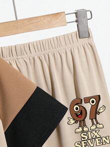 Tween Boy Cartoon Print Round Neck Short Sleeve T-Shirt And Pants Set - Apricot - View 5