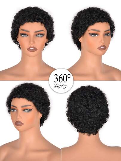 3英寸短款精灵卷发假发，黑色精灵卷发假发，非裔蓬松卷发假发，无蕾丝玫瑰网帽，融合防掉发全头假发，女士短款卷发假发
