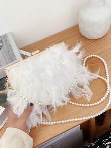 قطعة واحدة من حقيبة اليد المزينة بشعيرات وتصميم اللؤلؤ الاصطناعي، حقيبة كتف مع سلسلة للحفلات والاستخدام اليومي، تتسع لهاتف و محفظة و مستحضرات التجميل، حقيبة سهرة أنيقة مزودة باللؤلؤ