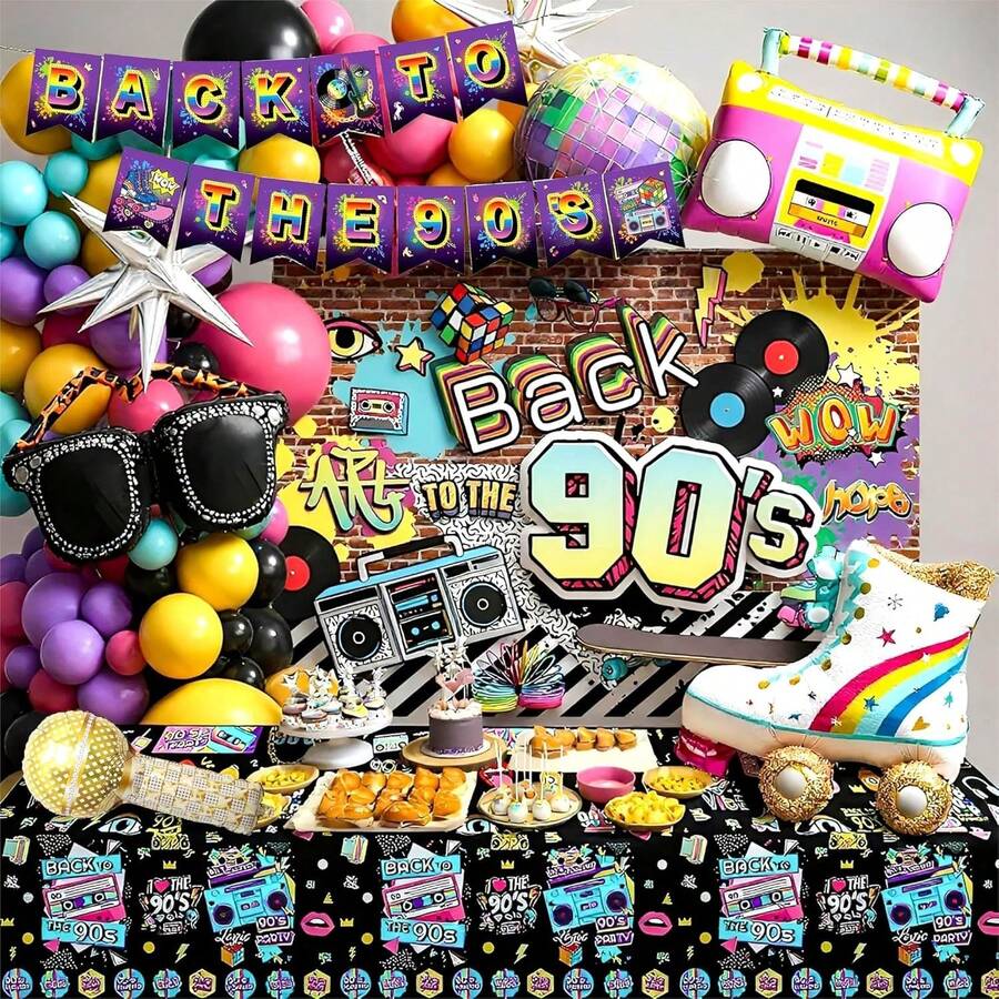 Zestaw 111 łuków balonowych w stylu disco, wypełniony urokiem lat 80. i 90. Zestaw zawiera radio, rolki, okulary przeciwsłoneczne, parkiet disco oraz balony foliowe w kształcie gwiazdek, a także balony lateksowe w kolorze czarnym, niebieskim, żółtym, różowym i fioletowym. Idealny na przyjęcia urodzinowe, imprezy w stylu lat 80. i 90., bale maturalne, dekoracje imprezowe i imprezy w stylu disco. - Wielokolorowe - Zobacz 1