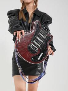 Creative Y2k Style Vintage Guitar Shaped Bag For Girls, Bass Guitar Unique Design Shoulder Bag, Crossbody Bag, Chain & Rivet Decoration, Color Block Wide Strap Bag, Street Fashion,Fashionable Niche Design, Steampunk, Goth,Bag For Women, Cool Girls Street Wear,Perfect For Music Festival, Concert, Rock Style Bag For Women, Rock Style Bag For Women - 彩色 - 查看 4