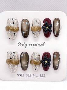 10片棕色按压式美甲贴片，短款方形和椭圆形法式美甲，手工制作，饰有闪粉和花朵，人造全覆盖甲片，适合女性和女孩，手工美甲配件 - 彩色 - 查看 10