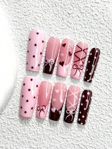 10Pcs Gentle And Sweet Style Handmade Press On Nail,Polygel Nail Set,Polka Dots Embellishment,Ballet,Pink,Brown Nail Polish,Gentle And Ethereal Style,Includes Nail Tools,3 Sizes Available,Almond,Duck,Coffin Nails For Party,Dance,Daily Wear. - 彩色 - 查看 4