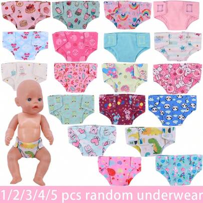 1/2/3/4/5pcs Random Pattern Doll Diaper, 16~18inch Fit For Baby Dolls, Plush Doll Accessories, Easy-To-Wear Snap Doll Underwear, Various Cute Cartoon Designs, Adorable Doll Accessory As Birthday Or Holiday Gift For Boys And Girls