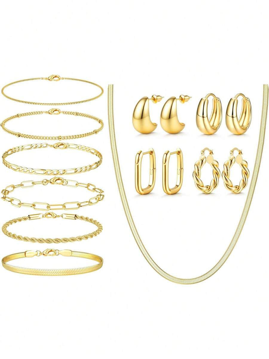 ORAZIO 8/9/11 Pcs Gold Jewelry Set For Women Dainty 14k Gold Plated Chunky Hoop Earrings Bracelets Stack Herringbone Necklace Fashion Costume Accessories Women's Jewelry Set - 金色 - 查看 1