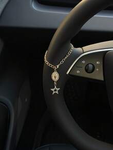 1pc Steering Wheel Decor, 15cm Adjustable Length, Minimalist, Cute, Creative Rosary Bead Car Pendant Accessory, Unique Fashion Car Hanging Decoration - White Oval Plate With Five-pointed Star - View 5