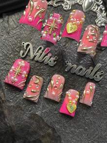 10件套短鸭嘴美甲亚克力套装，玫瑰红和粉色美甲，玫瑰红法式，粉色扎染设计，波西米亚公主风装饰音乐节北欧全覆盖贴片美甲套装，3D立体珍珠、心形、星星、彩色钻石及其他美甲配件装饰 - 玫紅色 - 查看 5