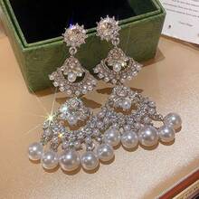 1 Pair French Luxury  Inlaid Imitation Pearl Tassel Earrings Creative Fashion Light Luxury Palace Style Large And Small Fan-Shaped Splicing Design Women's Earrings Suitable For Women's Weddings Banquets Parties - Bạc - Xem 6