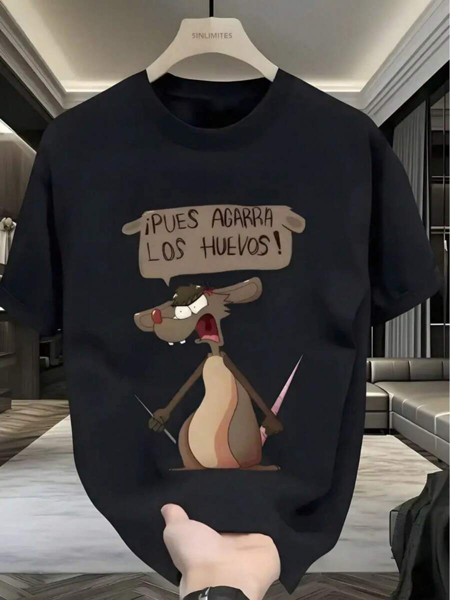 Camiseta de manga corta con cuello redondo para hombres con estampado de ratón de dibujo animado, tela suave y cómoda, deportiva casual, 100% algodón, regalos de regreso a clases para el Día de la Independencia y Carnaval, perfecta para Pascua, Halloween, Acción de Gracias y más, regalo de moda para la temporada de regreso a clases para amigos - Negro - Ver 1