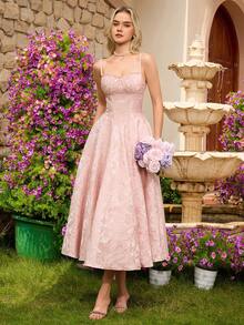 女士优雅提花面料无肩带荷叶边高腰露背系带A字中长连衣裙，适合舞会、生日派对、正式晚宴、返校节、婚礼宾客、鸡尾酒会、家庭聚会等场合。 - 淺粉色 - 查看 2