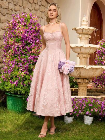 Women's Elegant Jacquard Fabric Strapless Ruffle High Waist Backless Tie A-Line Midi Dress, Suitable For Prom, Birthday Party, Formal Dinner, Homecoming, Wedding Guest, Cocktail Party, Family Gathering And Other Occasions