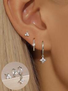 3件套三瓣锆石花朵耳环套装，女士款，18K镀金低过敏性耳骨耳廓耳环耳钉耳软骨穿刺饰品，适合日常佩戴 - 銀-22 - 查看 1