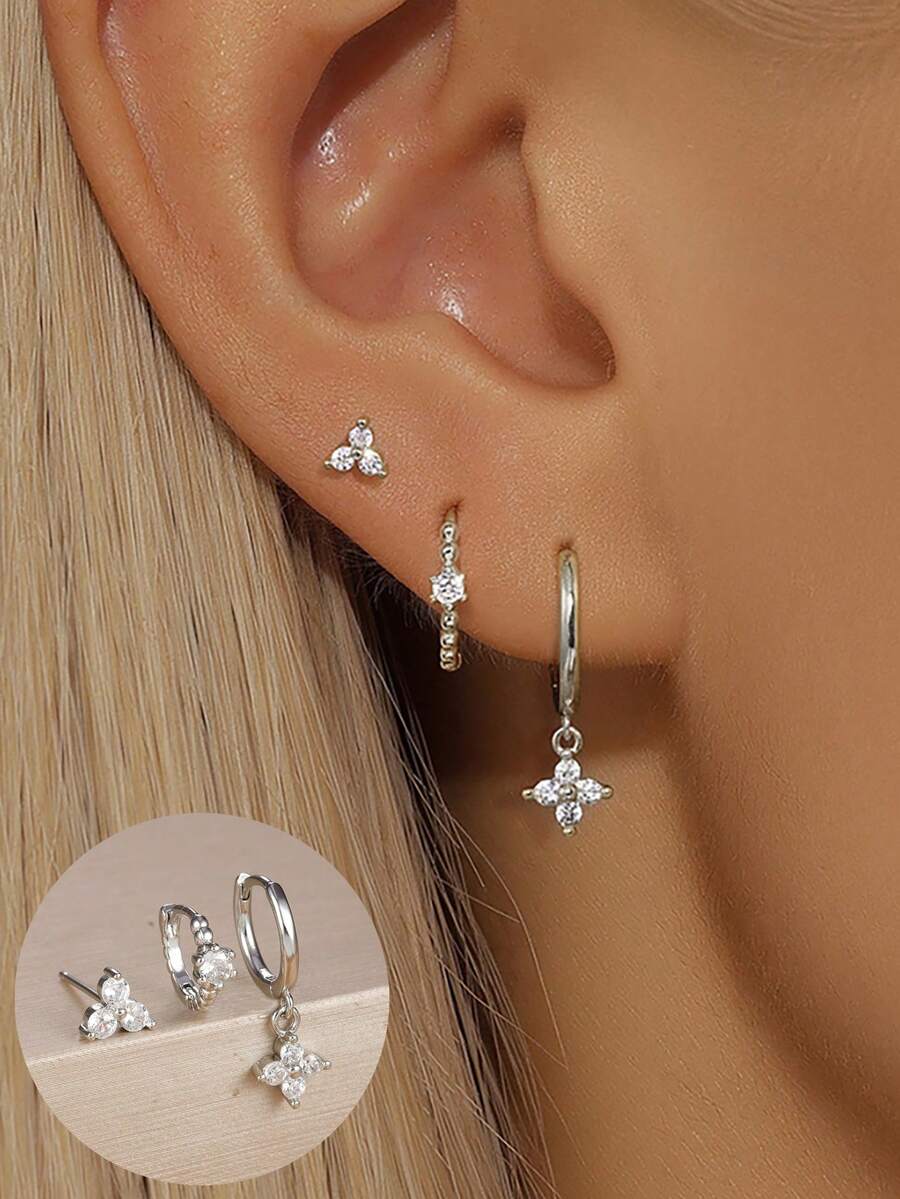 3件套三瓣锆石花朵耳环套装，女士款，18K镀金低过敏性耳骨耳廓耳环耳钉耳软骨穿刺饰品，适合日常佩戴 - 銀-22 - 查看 1