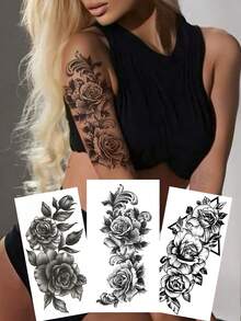 3张性感花卉临时纹身贴纸，逼真黑色玫瑰防水纹身贴，情人节女士人体彩绘，手臂/腿部 - 黑色 - 查看 2