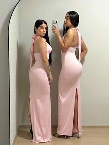 Elegant, Sensual, Long Dress With Halter Neck Tie, Made Of Knit Fabric. - 淺粉色 - 查看 2