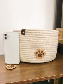 1pc Handmade Woven Apricot Pet Storage Basket, Suitable For Four Seasons Pet Toy & Ornament Storage, Dual-Use Set - Beige - View 7