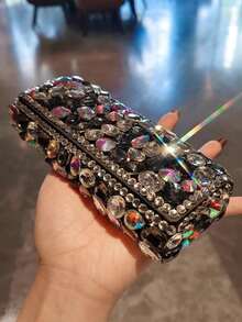 1 pieza Estuche rígido decorado con rhinestones para guardar gafas de sol/gafas, organizador de lujo brillante para brochas de maquillaje y lápices labiales, estuche protector portátil para viajes, regalo creativo - Multicolor - Ver 6