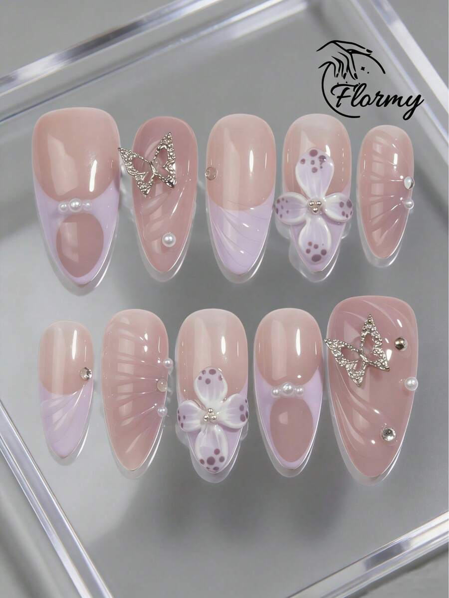 10 Pieces Of Pure Handmade Vintage-Inspired Purple Glossy Jelly-Textured French Nails With Pearl Accents, Medium Almond Shape, Featuring Jelly Gel And Sculpted Tips. Perfect For All Seasons, Holidays, Daily Outings, Winter Adventures, Dates, Runway Shows, And Romantic Occasions. - Lilac Purple - View 1