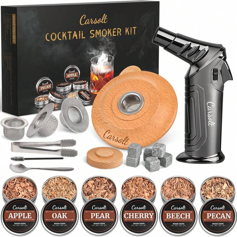 Cocktail Smoker Kit With Torch - 6 Flavors Wood Chips, 4 Metal Filters, Whiskey Smoker Infuser Kit For Bourbon Whisky Cocktail, Old Fashioned Drink Smoker Kit Gifts For Men, Dad, Husband(No Butane) - Black - View 1